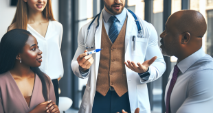 A doctor talking to patients about prediabetes testing and prevention strategies.