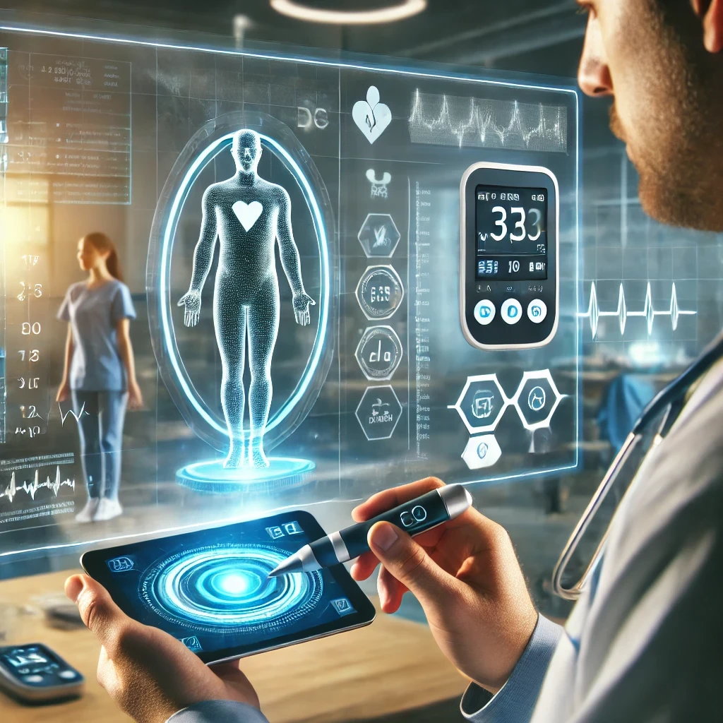 Doctor reviewing smart CGM data with AI-driven insulin trends in a futuristic medical setting.