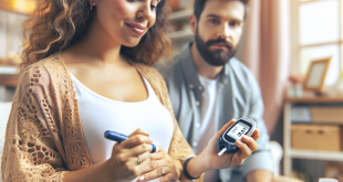 Monitoring blood sugar levels with a pregnant patient at home.