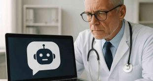 Doctor reviewing AI-generated medical advice on a tablet File Name: clinician-evaluating-ai-advice.jpg