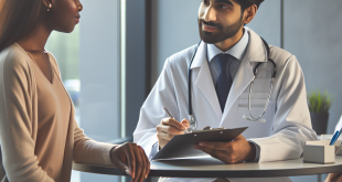 A doctor discussing health and wellness strategies with a patient using a digital screen in a medical office.