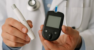Healthcare professional monitoring blood sugar levels using technology.