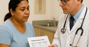 Diabetic patient receiving kidney function check-up from a clinician.