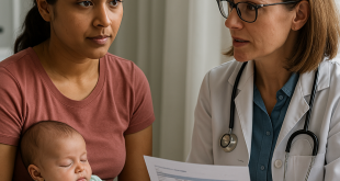 Woman with baby discussing gestational diabetes follow-up care.