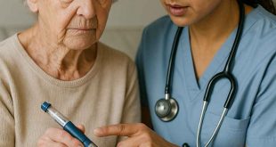 Caregiver monitoring diabetes in an elderly Alzheimer’s patient using glucose meter at home.
