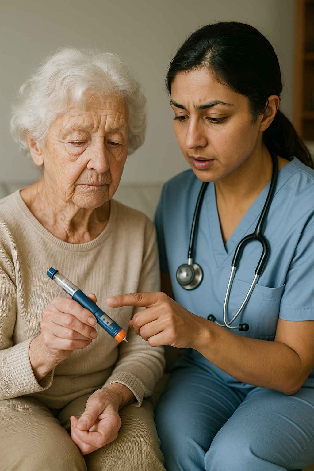 Alzheimer’s Caregivers Managing Diabetes Caregiver monitoring diabetes in an elderly Alzheimer’s patient using glucose meter at home.