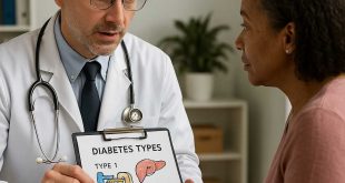 Doctor explaining differences in diabetes types to a patient with illustrations