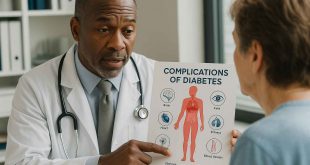 Doctor showing diabetes complication information to a patient during office visit