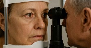 Doctor and patient reviewing a diabetic retinopathy chart in clinic