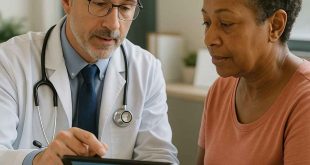 Clinician and patient reviewing lifestyle changes for diabetes on a digital tablet in a medical office