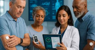 Type 2 diabetes patient using wearable tech and AI tools in a futuristic 2025 healthcare setting