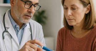 Doctor teaching patient about Dulaglutide injection technique during diabetes consultation.
