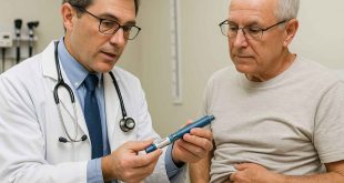Clinician teaching diabetic patient how to inject insulin glargine