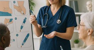 Healthcare professional educating patients about safe insulin use with visual aids and insulin pens