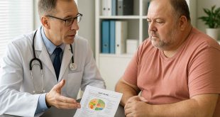 Clinician and diabetes patient reviewing obesity diet plan in office