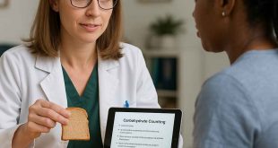 Dietitian teaching a patient with Type 1 diabetes about diet and insulin coordination in a clinical setting
