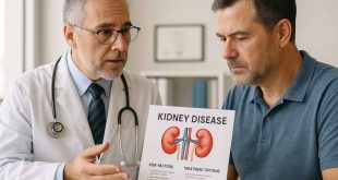 Doctor and diabetic patient reviewing kidney disease risks and treatments.
