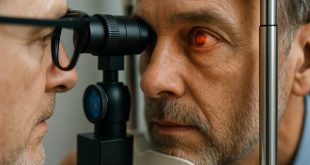 Retina specialist reviewing diabetic retinopathy scan on screen.
