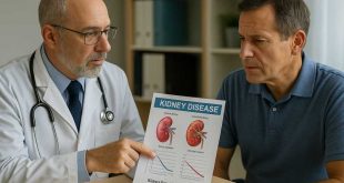 Doctor discussing kidney disease management with a diabetes patient in a clinic.