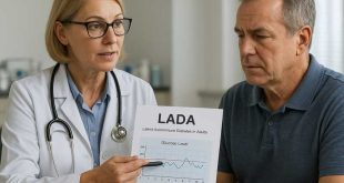 Diabetes educator discussing LADA diagnosis with patient and reviewing glucose trends.