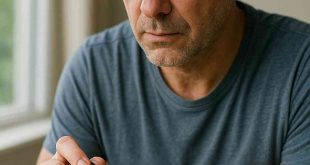 Middle-aged man using glucose monitor at home for early diabetes detection