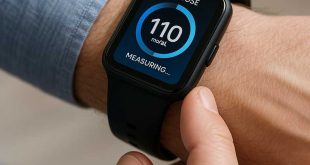 Non-invasive AI glucose sensor worn on wrist showing real-time data.