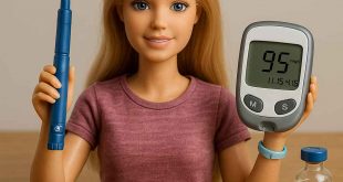 Barbie with Diabetes doll holding an insulin pen and glucometer