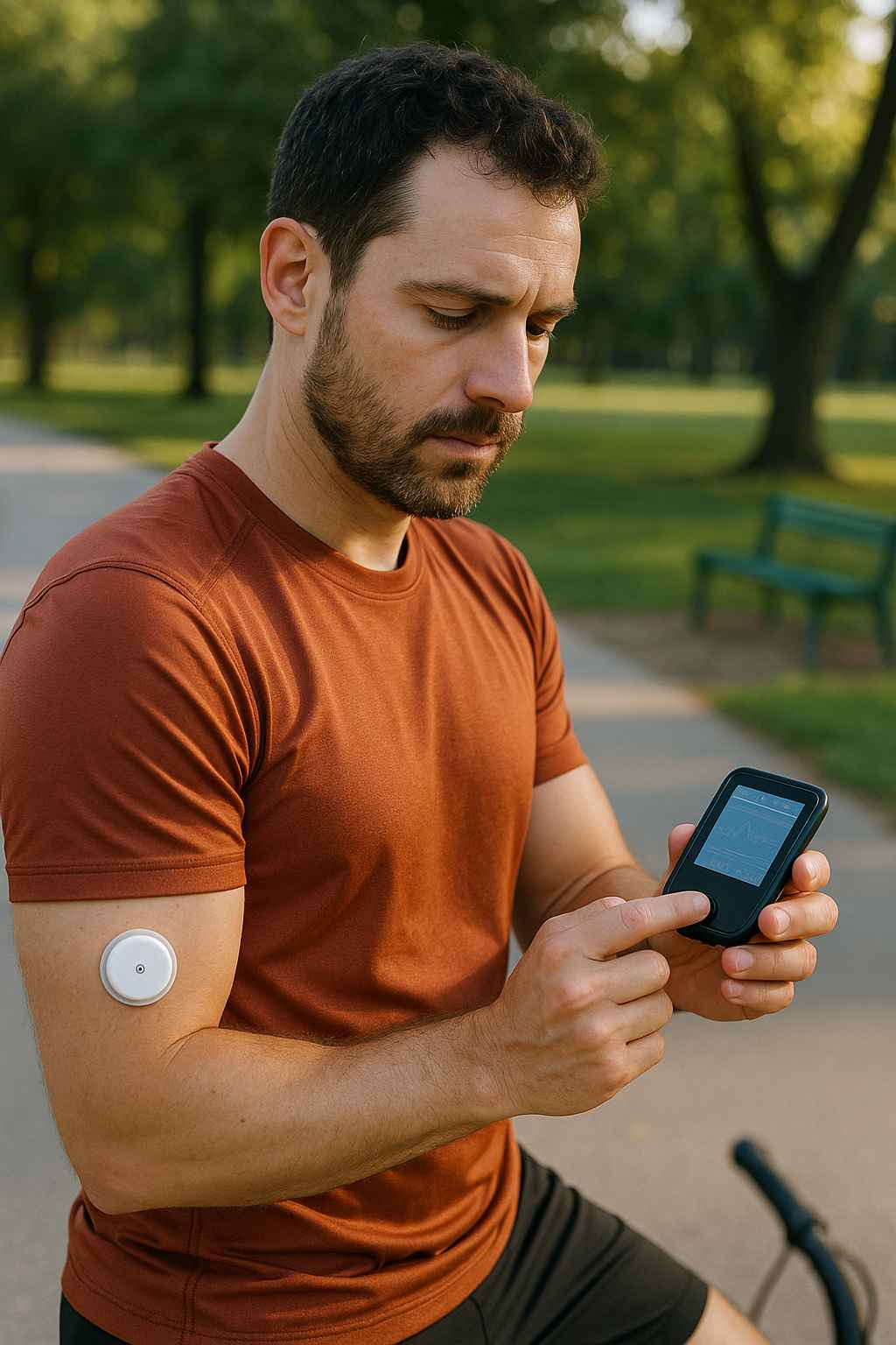 Exercising Safely with Type 1 Diabetes Person with Type 1 diabetes checking glucose monitor before exercising