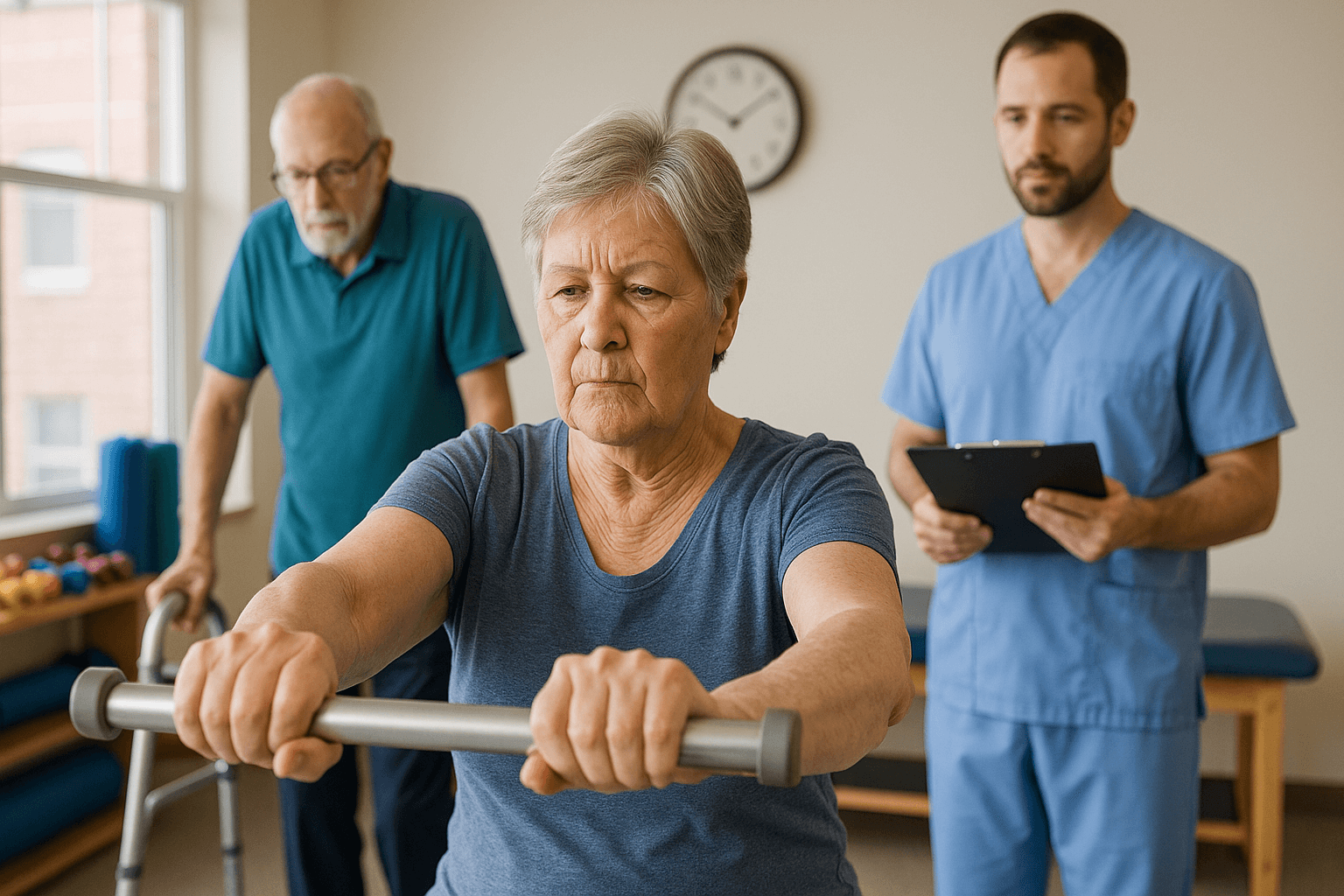 An elderly woman performs strength training in a rehab room while a healthcare provider observes and another older adult uses a walker nearby.