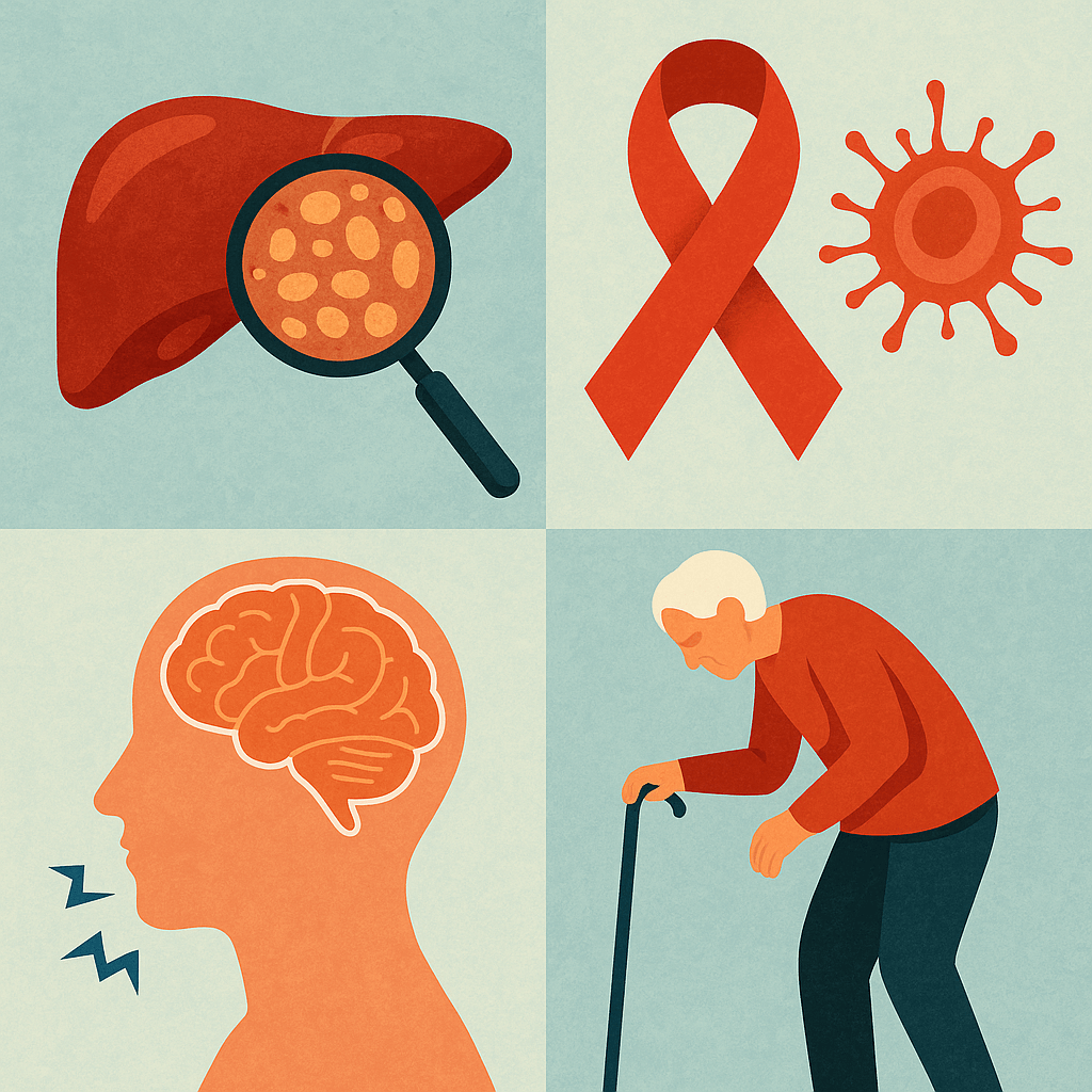 Illustration showing liver disease, cancer risk, brain health, and frailty in diabetes-related complications.