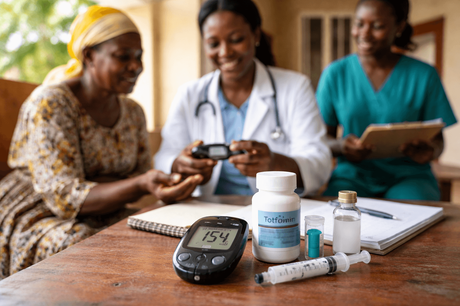 Healthcare workers in a rural clinic educating a patient on blood glucose monitoring with diabetes medications and supplies on the table.