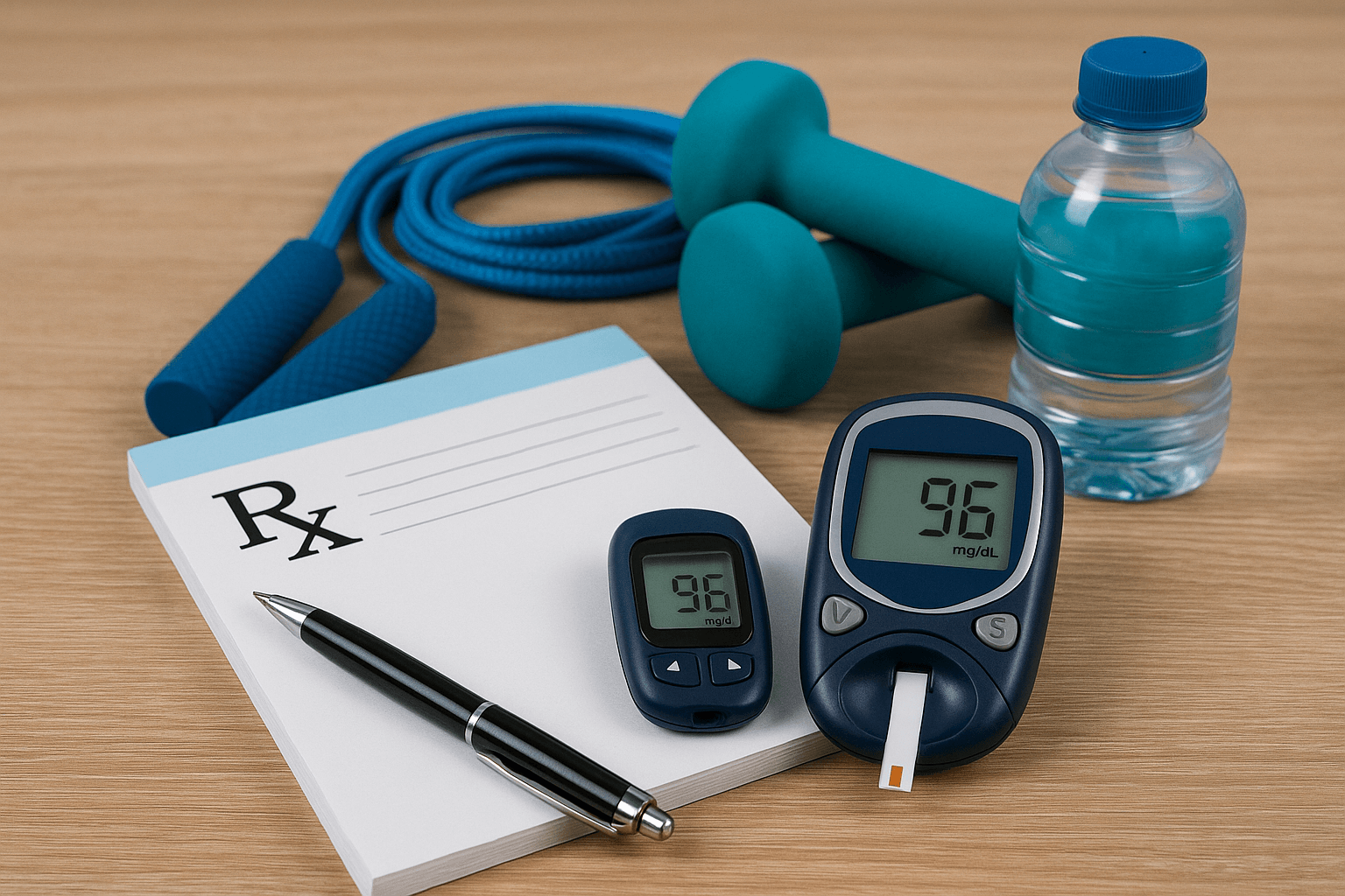Diabetes management tools including a prescription pad, glucose meters, teal dumbbells, jump rope, and water bottle on a wooden surface.