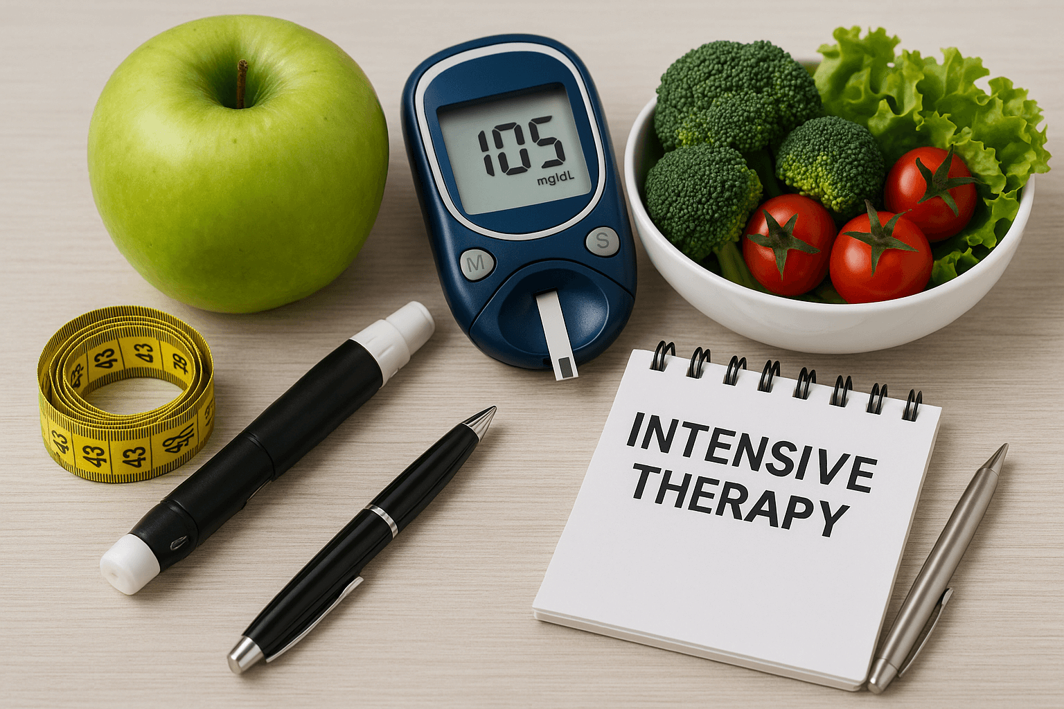 A diabetes management setup featuring a glucose meter, vegetables, apple, insulin pen, and a notepad labeled "Intensive Therapy"