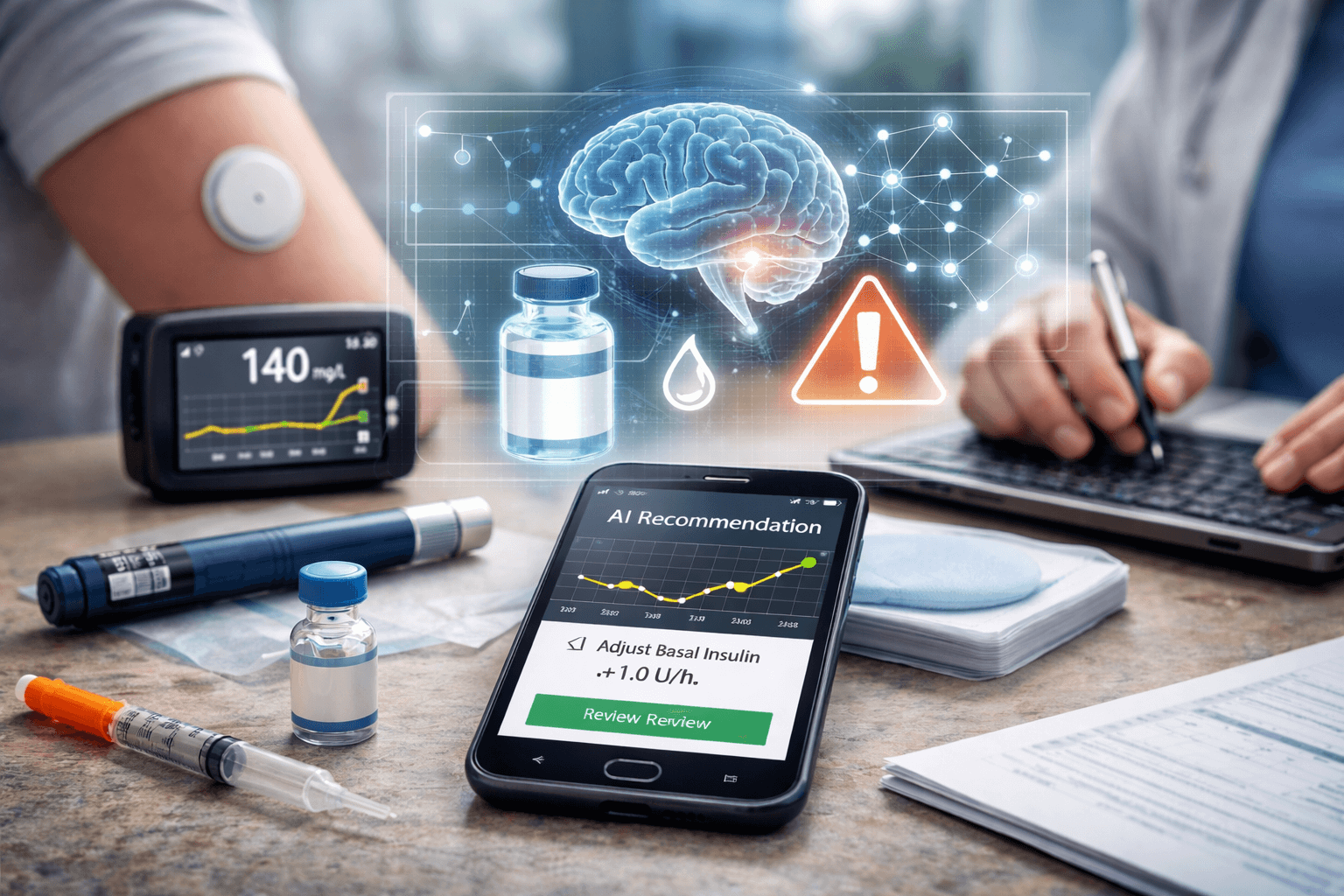 Clinician desk with CGM device, insulin tools, and smartphone showing AI insulin adjustment recommendation