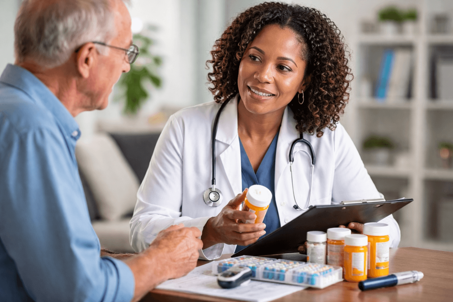 A female doctor discusses diabetes medication with an elderly male patient, surrounded by prescription bottles and diabetes tools in a clinical setting.