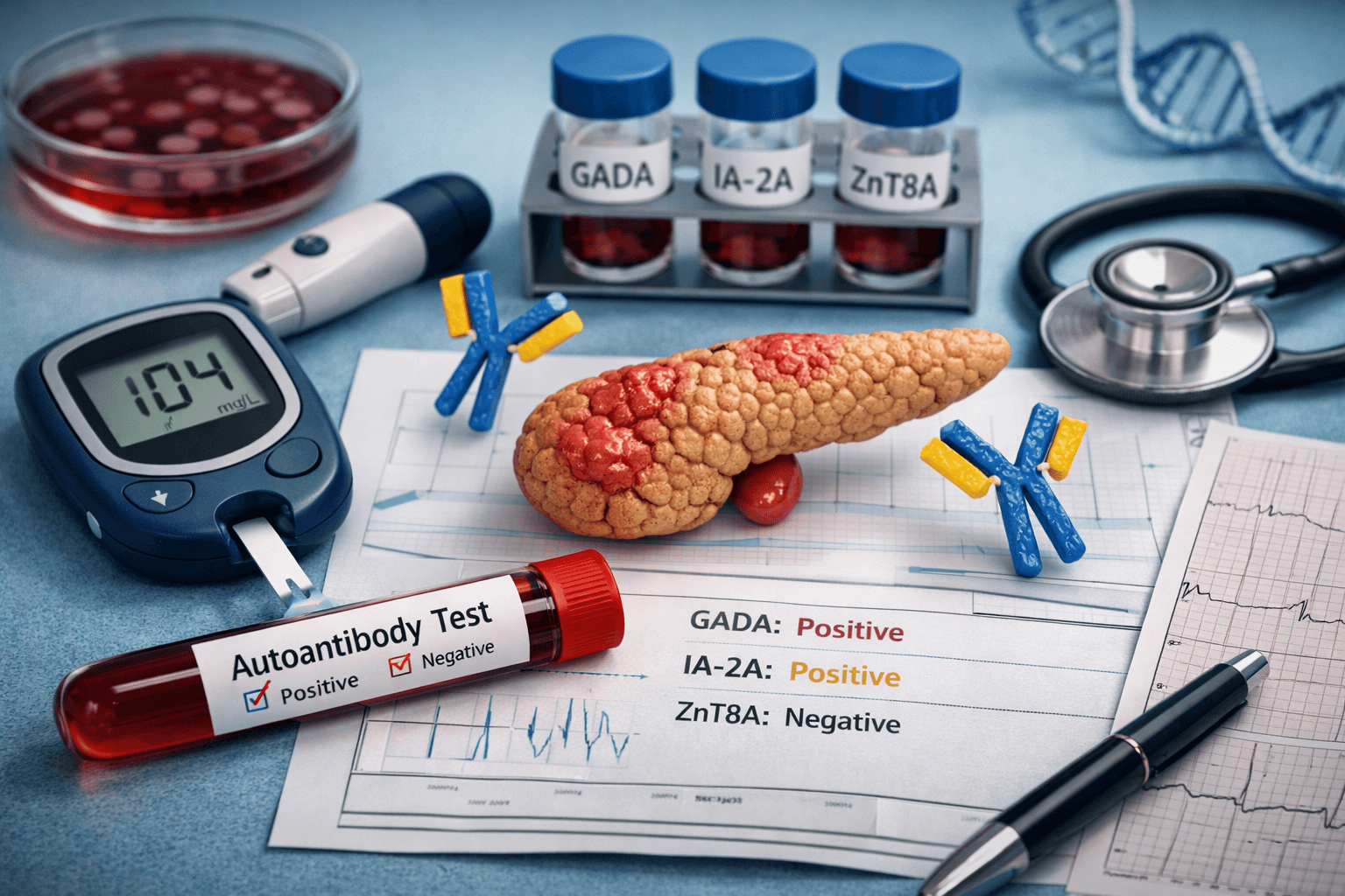 Conceptual image showing type 1 diabetes autoantibody screening with glucose monitor, test tube, pancreas model, and antibody vials labeled GADA, IA-2A, and ZnT8A.