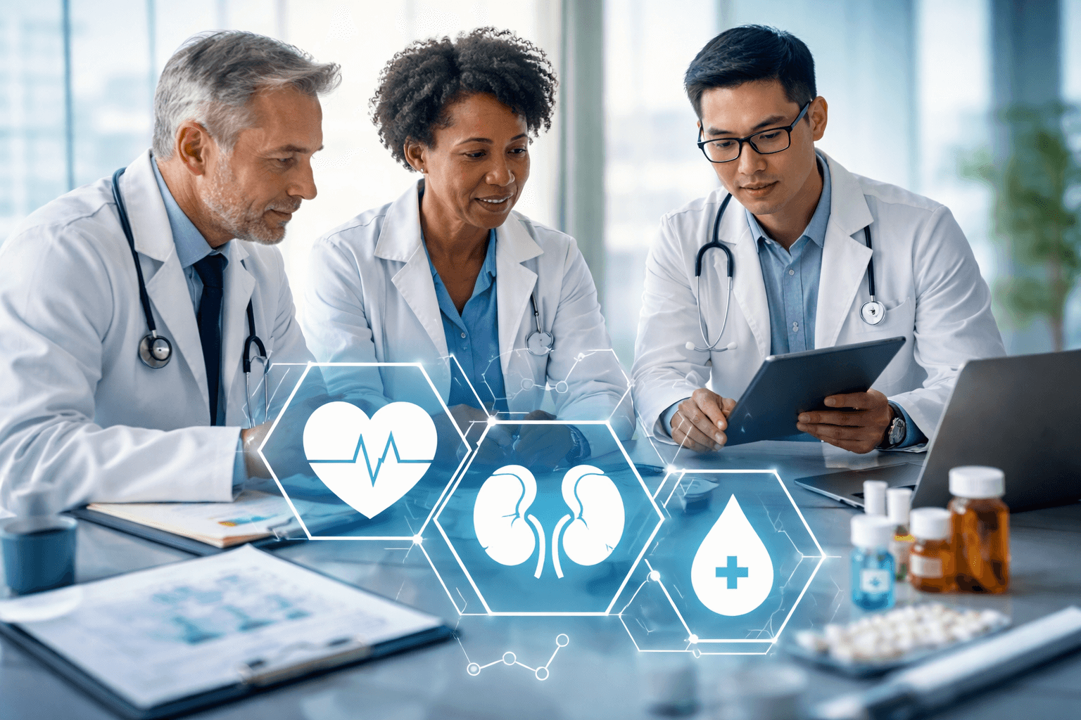 Three diverse physicians collaborating with digital icons representing heart, kidney, and glucose care, symbolizing CKM ADA 2026 integration.