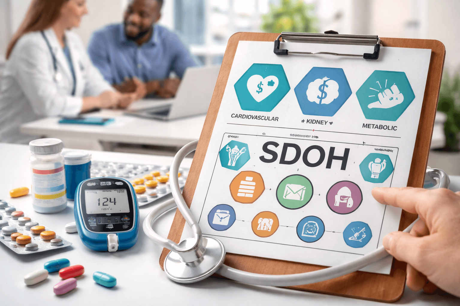 Clinician reviewing cardiovascular, kidney, and metabolic risk with social determinants to guide diabetes therapy decisions