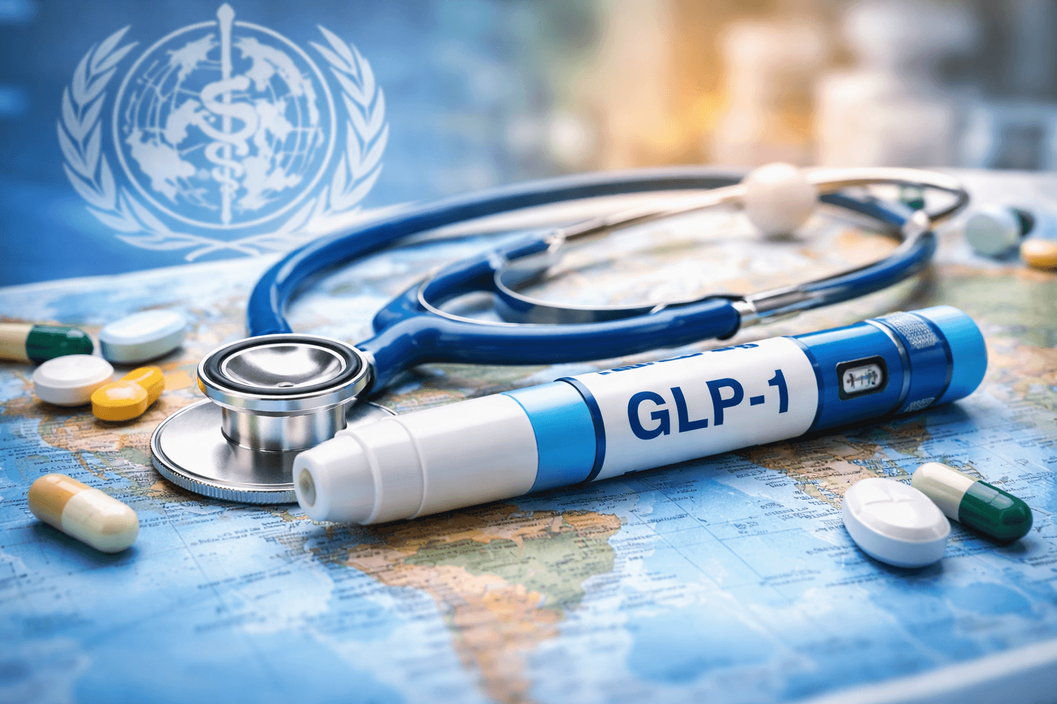 GLP‑1 medication pen and stethoscope on a world map with WHO logo in background