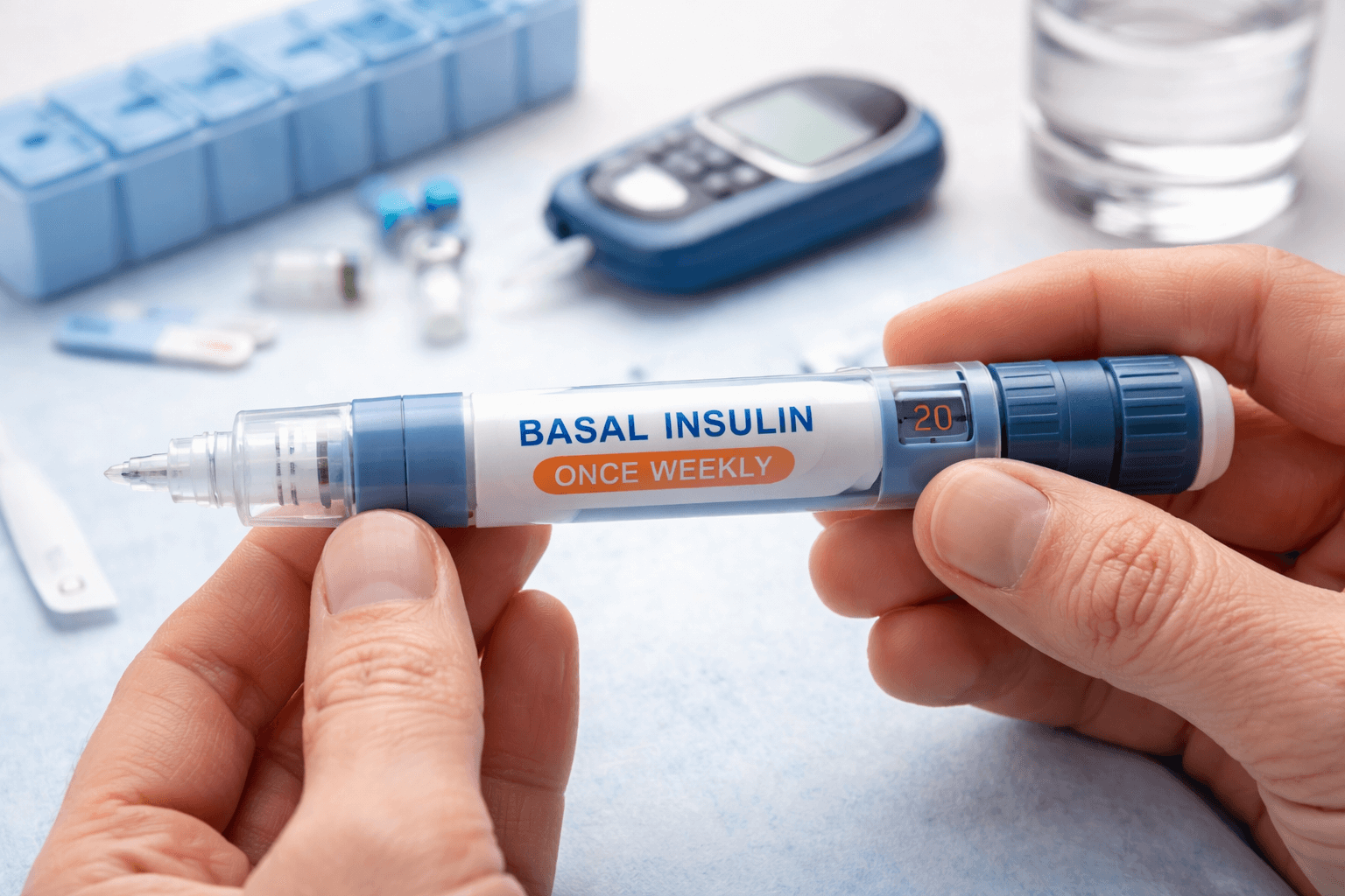 Close-up of a once-weekly basal insulin pen held by a patient with glucose meter and weekly pill organizer in the background