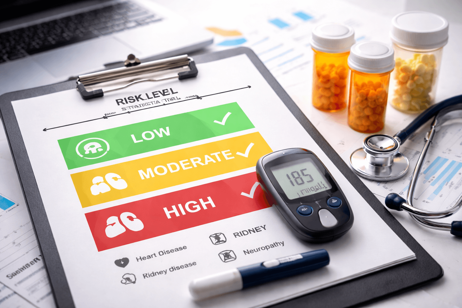 Clinician reviewing diabetes risk stratification chart with glucometer and medications on desk