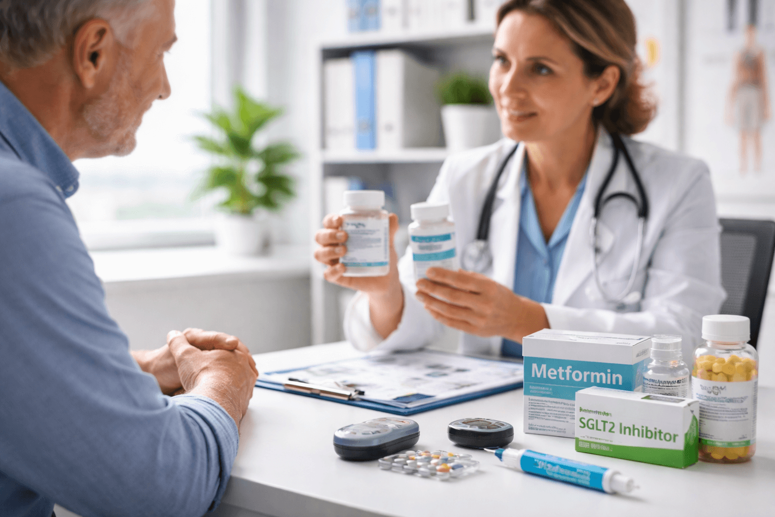 Physician discussing early combination therapy options for type 2 diabetes with patient, including metformin and SGLT2 inhibitor medications.