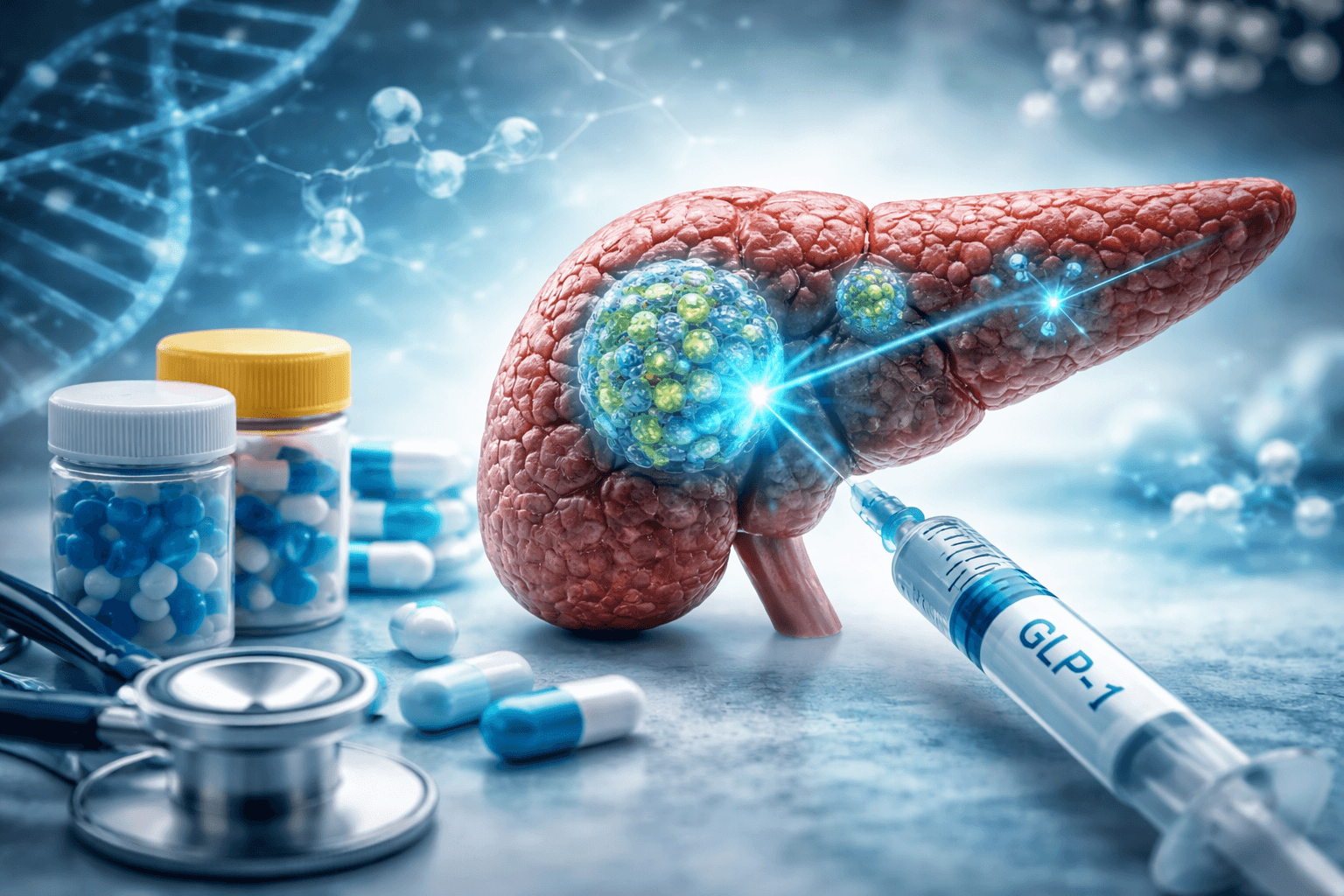 Medical illustration of pancreas highlighting GLP-1 beta cell function with injection therapy and diabetes treatment elements