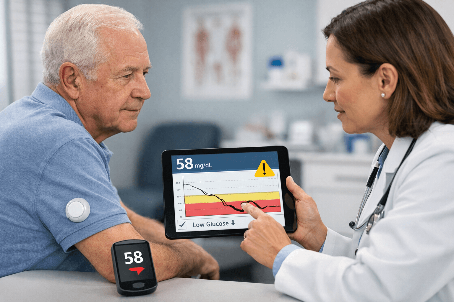 Physician reviewing continuous glucose monitor data with older adult patient showing low blood sugar alert during diabetes consultation