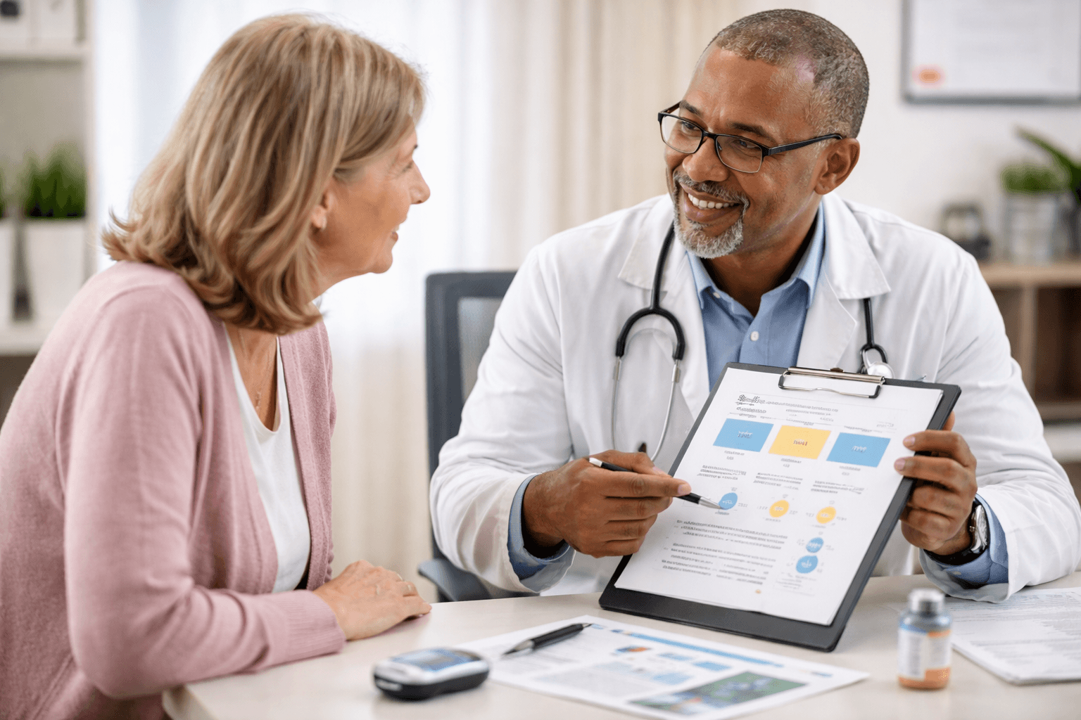 Doctor discussing diabetes treatment options with patient during a shared decision making consultation
