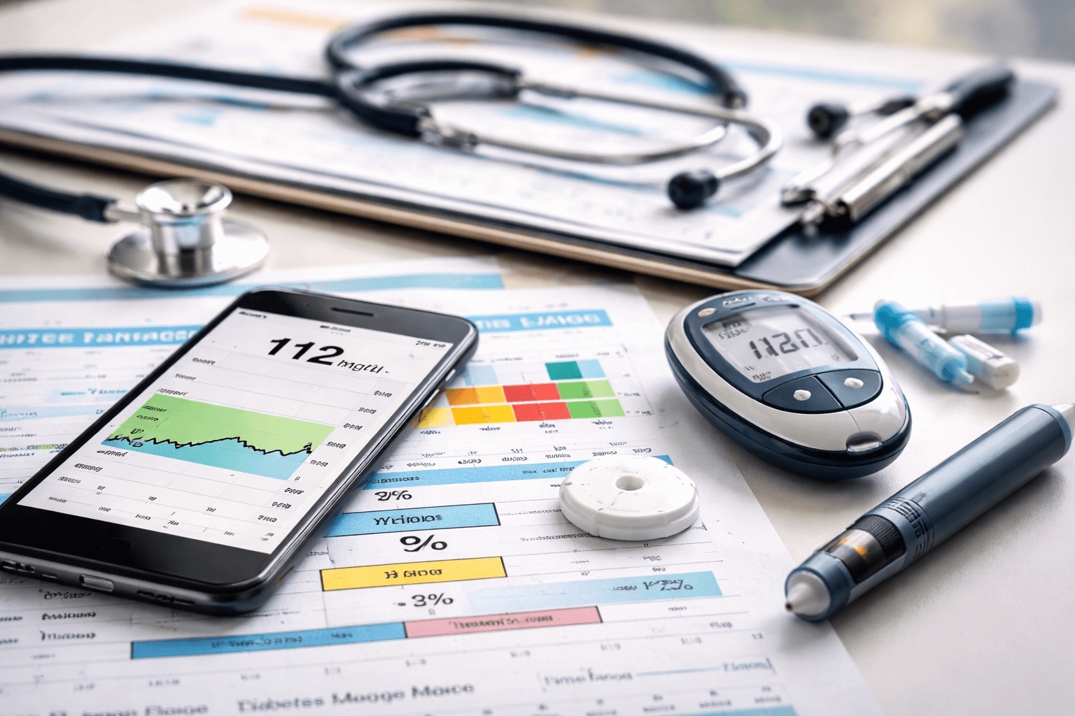 Continuous glucose monitor displaying in-range glucose values alongside insulin pen and diabetes care tools representing time in range diabetes 2026 as a treatment target.