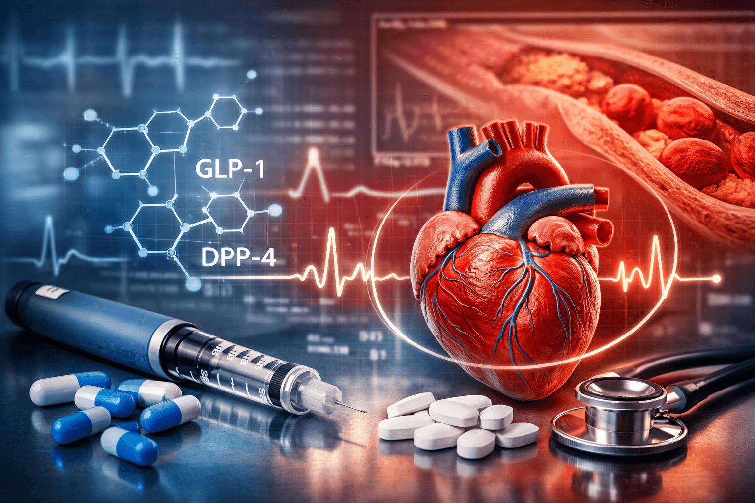 Incretin therapy medications with heart model and ECG showing cardiovascular disease management