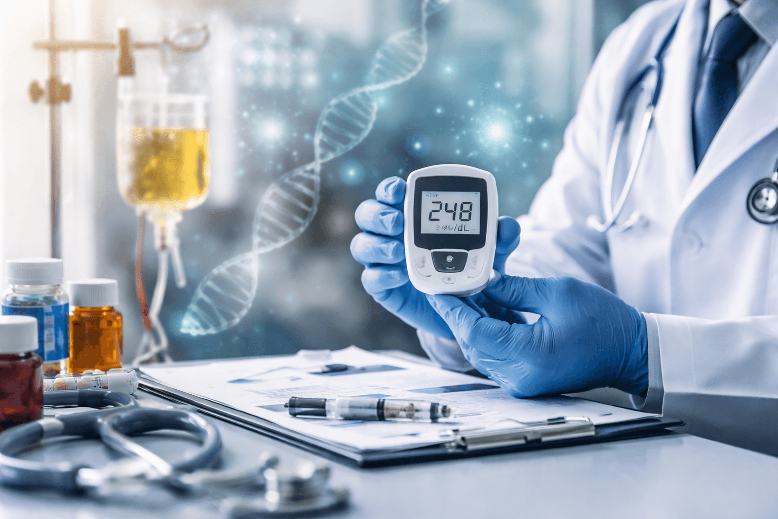 Oncologist reviewing elevated blood glucose reading during cancer treatment in a clinical setting