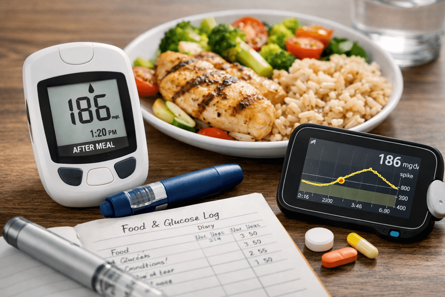 Glucose meter showing elevated post-meal blood sugar with healthy meal and CGM device illustrating postprandial glucose control