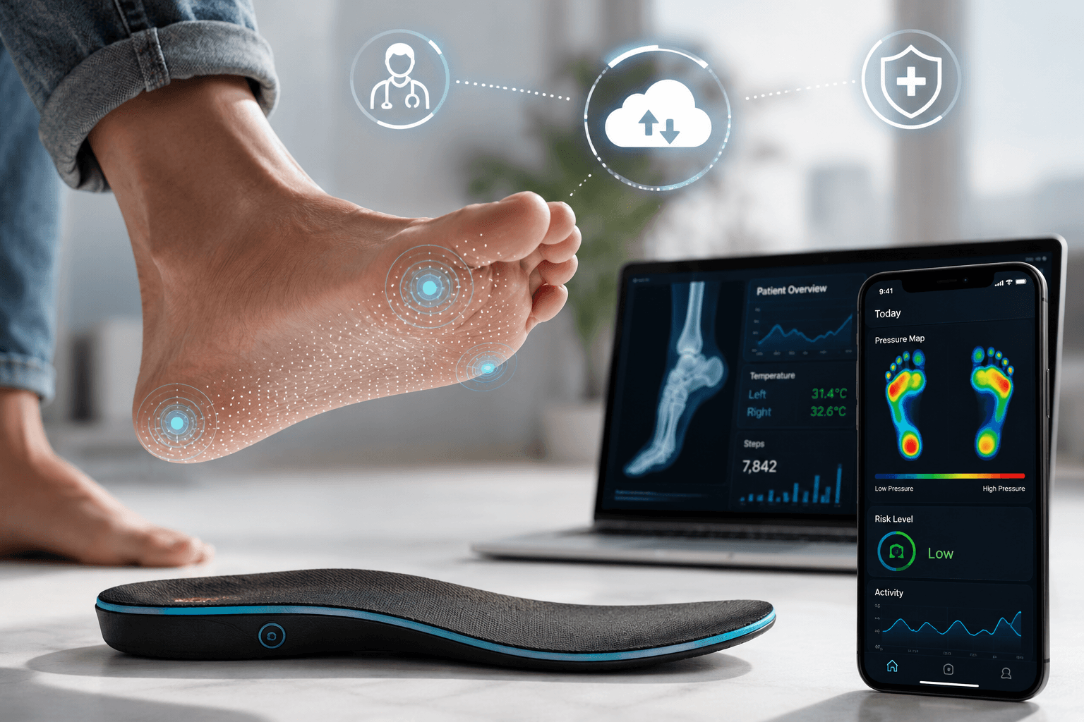 Smart insole and AI diabetic foot monitoring technology displaying pressure mapping and predictive foot health data for diabetes prevention.